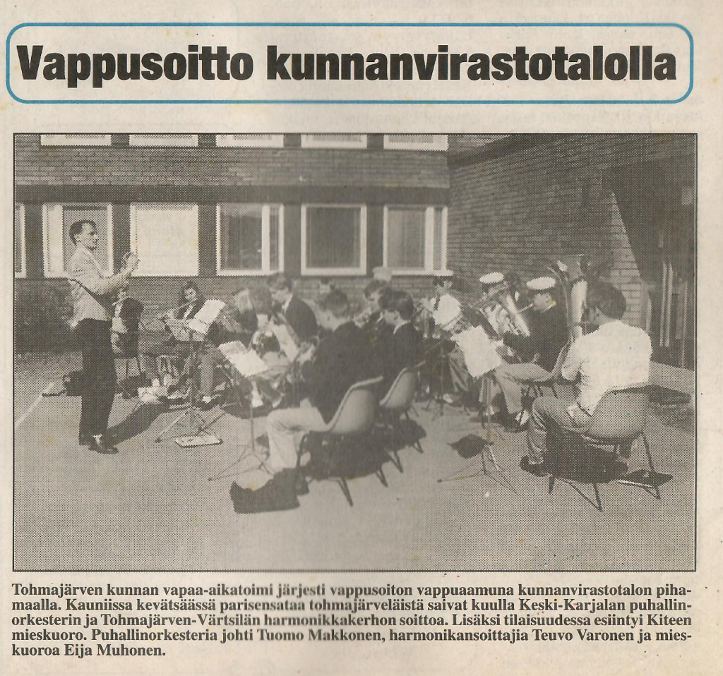 Vappusoitto kunnanvirastolla lehtijuttu 8.5.1993 Tohmajärven Värtsilän lehti