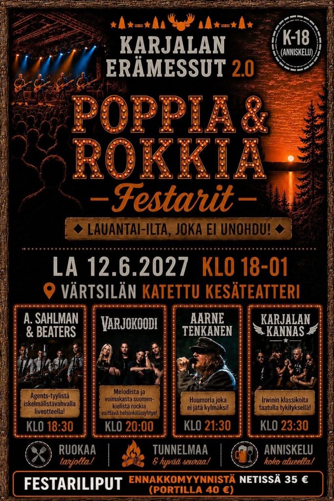 Karjalan erämessut 2.0 Värtsilässä 2027 Poppia ja rokkia Festarit lauantaina 12.6.2027 A. Sahlman & beaters Varjokoodi Aarne Tenkanen ja Karjalan Kannas